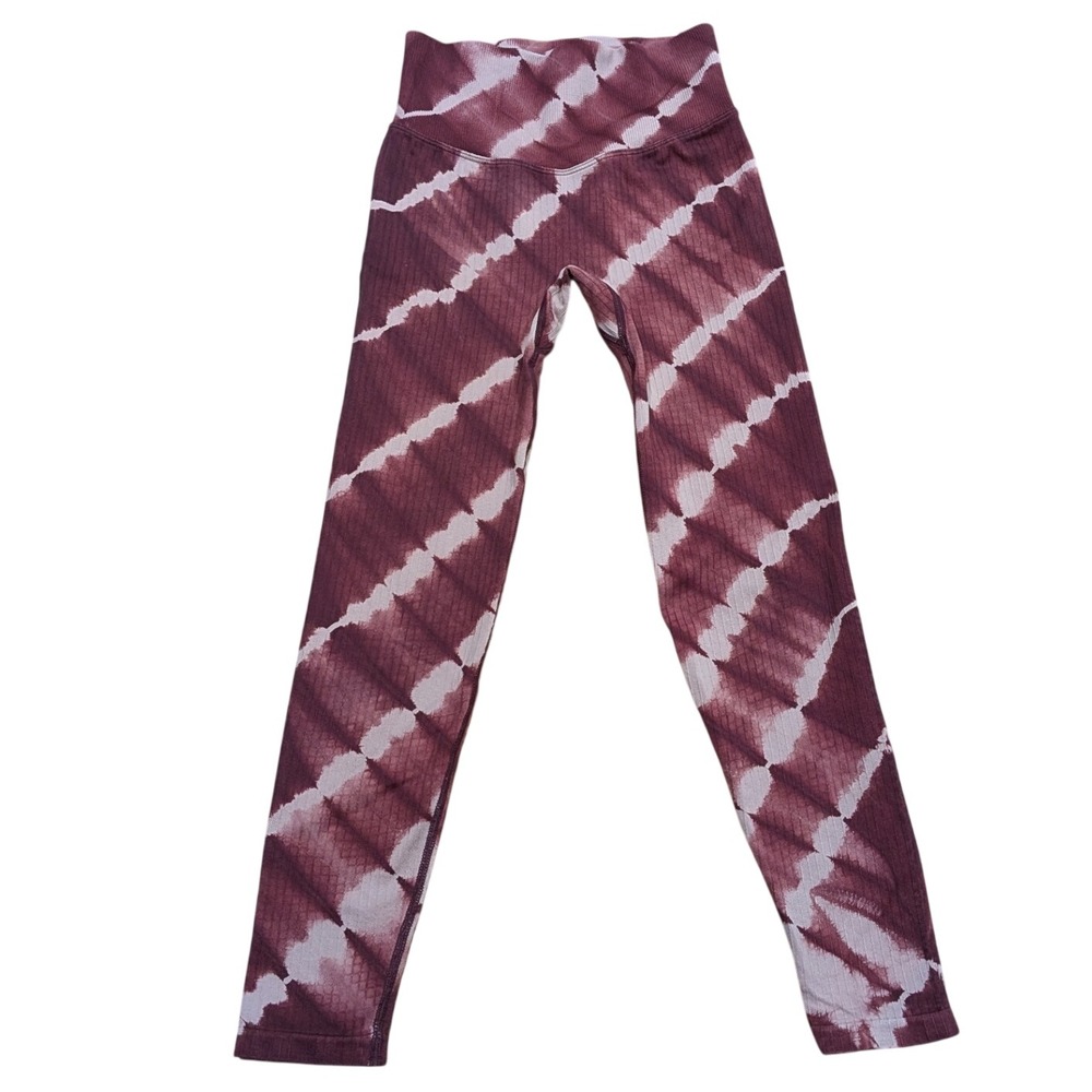 PINK Active Womens Leggings XS Burgundy Pink Tie Dye‎ Ribbed High Rise Yoga Gym